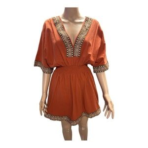 Bohemian Orange Tunic Dress with Embroidered Trim